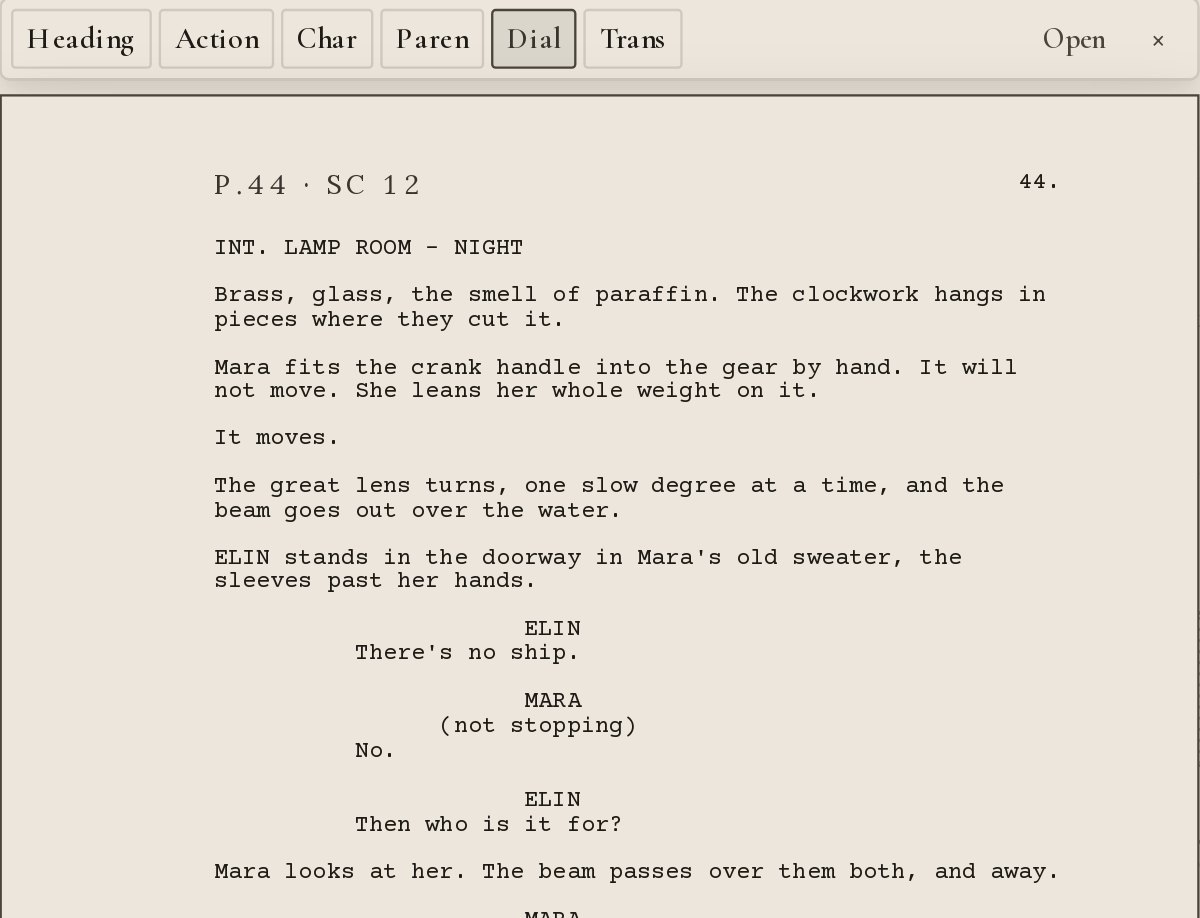 A page from the midpoint scene, magnified out of an open act, with the element buttons Heading, Action, Character, Parenthetical, Dialogue and Transition above it