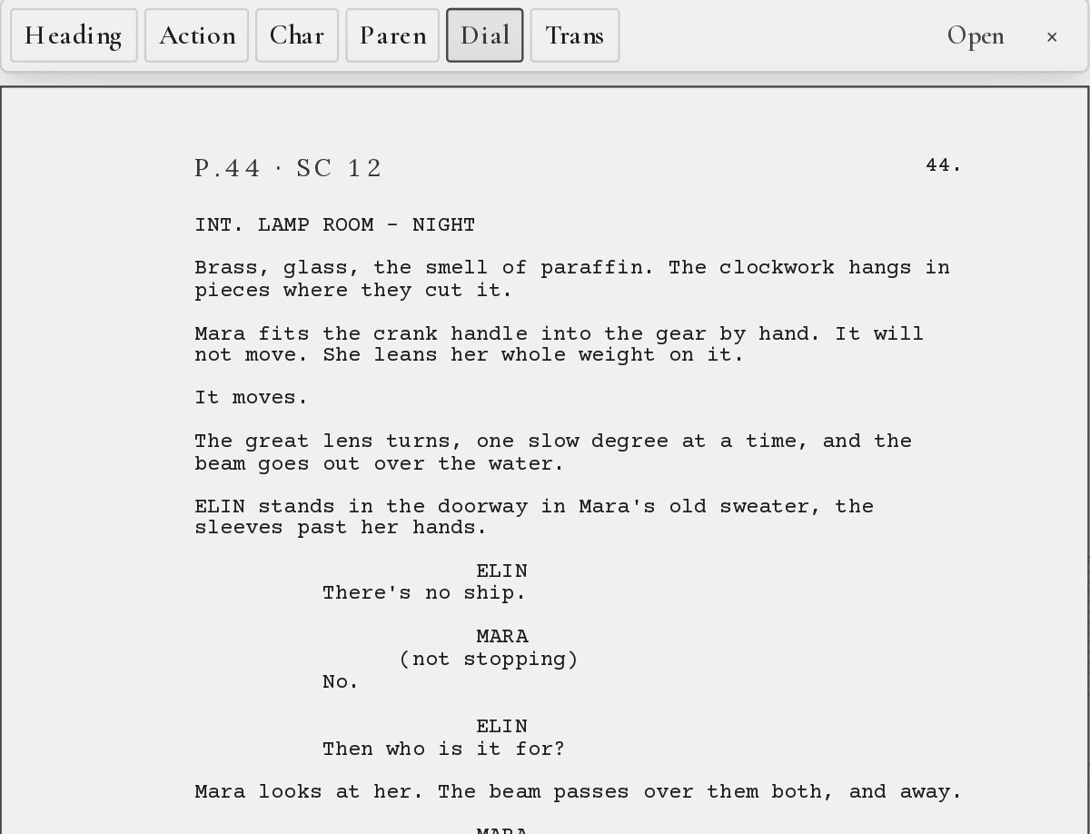 A page from the midpoint scene, magnified out of an open act, with the element buttons Heading, Action, Character, Parenthetical, Dialogue and Transition above it